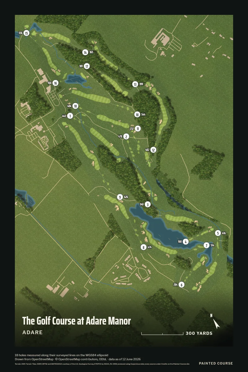 The Golf Course at Adare Manor, Adare, Ireland, drawn in the Aerial style from its OpenStreetMap survey: 18 holes, each numbered at its tee with its measured yards beside it.
