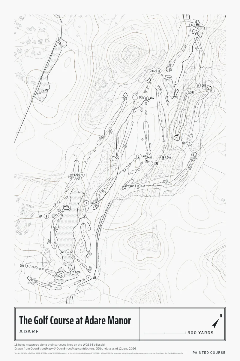The Golf Course at Adare Manor, Adare, Ireland, drawn in the Architect style from its OpenStreetMap survey: 18 holes, each numbered at its tee with its measured yards beside it.