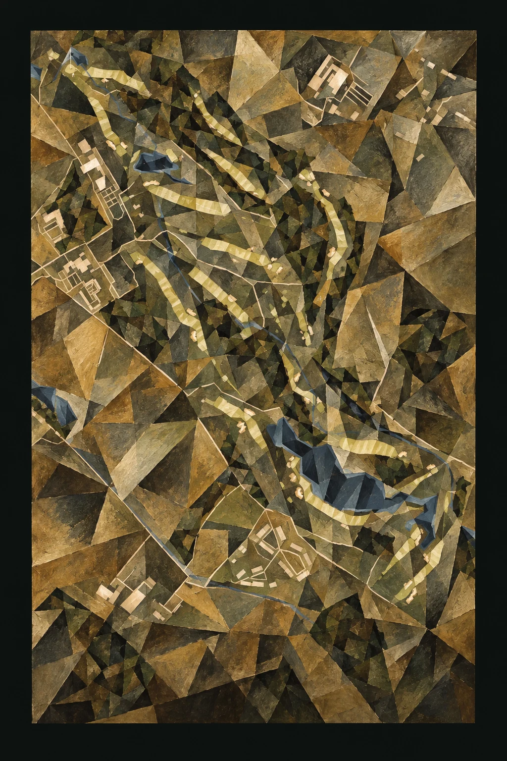 The Golf Course at Adare Manor, Adare, Ireland, seen from above and painted in the Cubist manner after Picasso and Braque: the routing of its 18 holes, its greens and its bunkers, in paint.