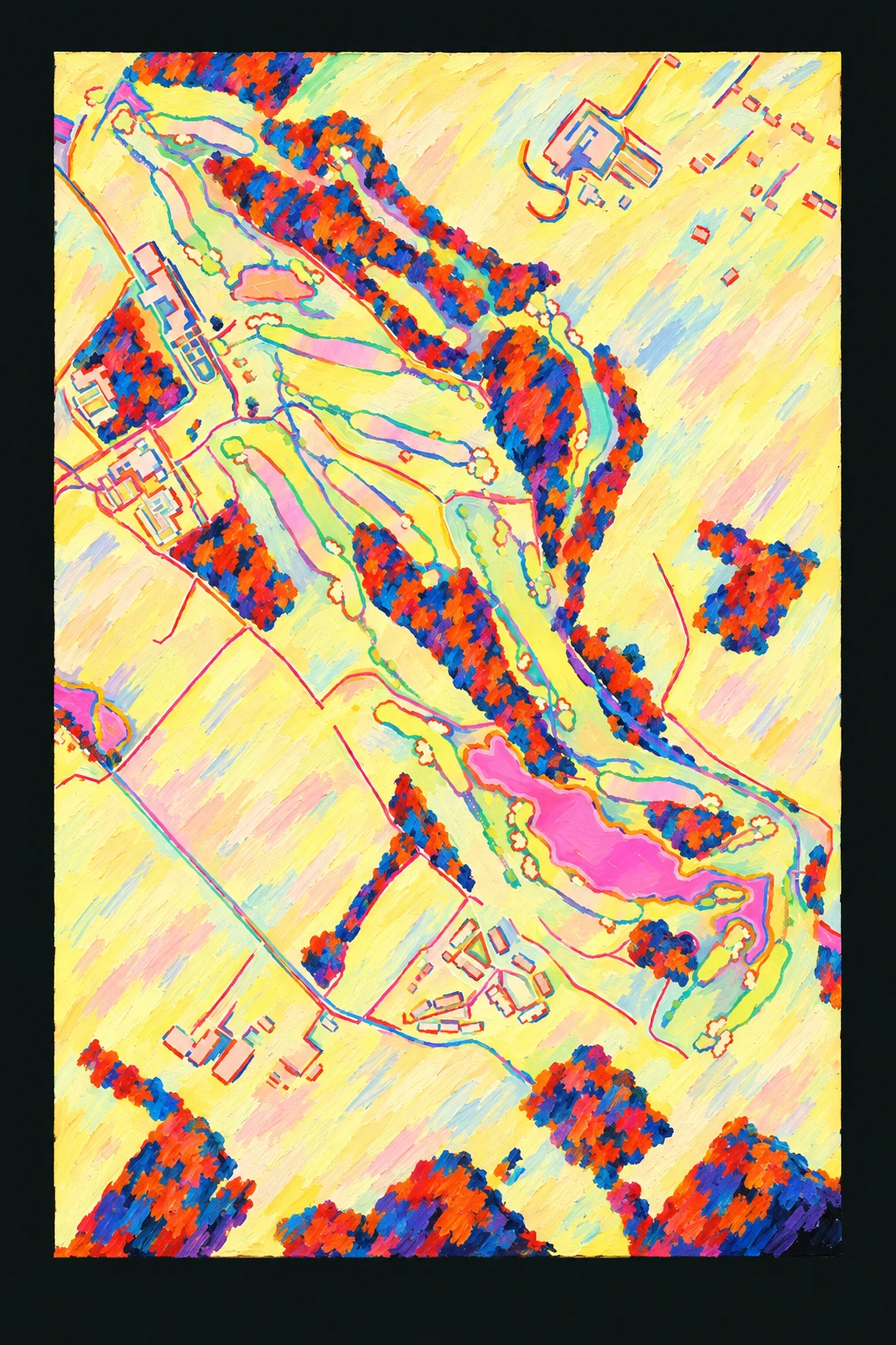 The Golf Course at Adare Manor, Adare, Ireland, seen from above and painted in the Fauve manner after the Fauves of 1905: the routing of its 18 holes, its greens and its bunkers, in paint.