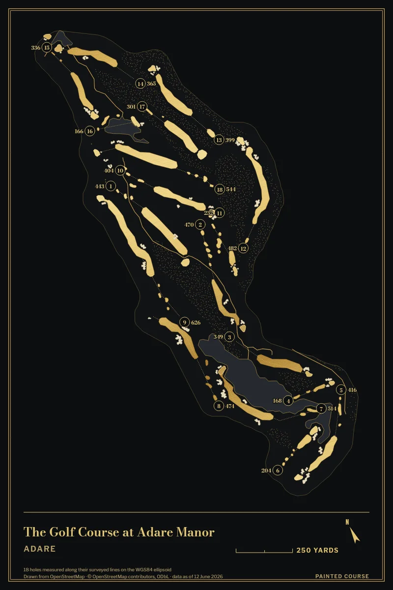 The Golf Course at Adare Manor, Adare, Ireland, drawn in the Gilt style from its OpenStreetMap survey: 18 holes, each numbered at its tee with its measured yards beside it.