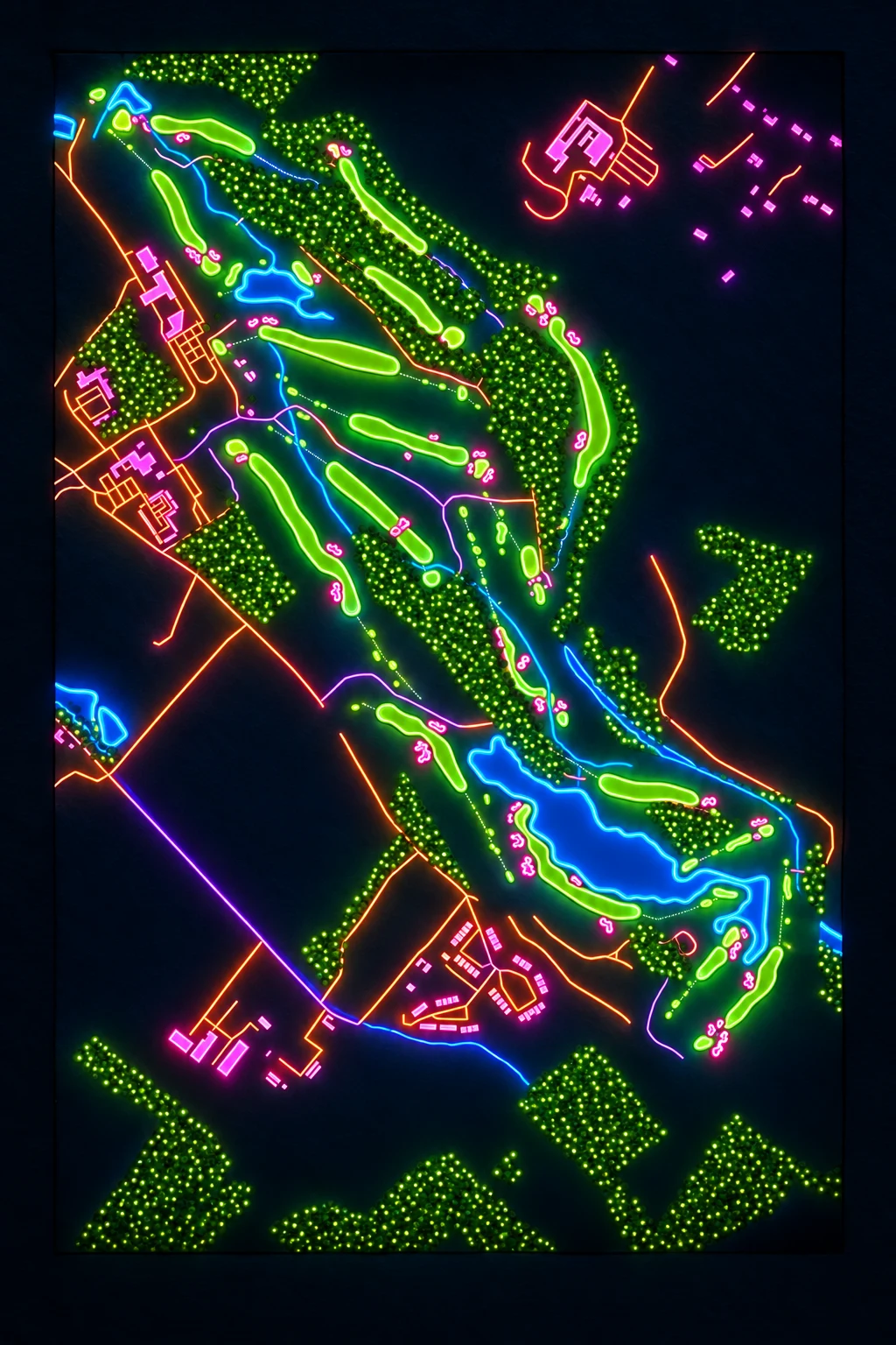 The Golf Course at Adare Manor, Adare, Ireland, seen from above and painted in the Neon manner: the routing of its 18 holes, its greens and its bunkers, in paint.