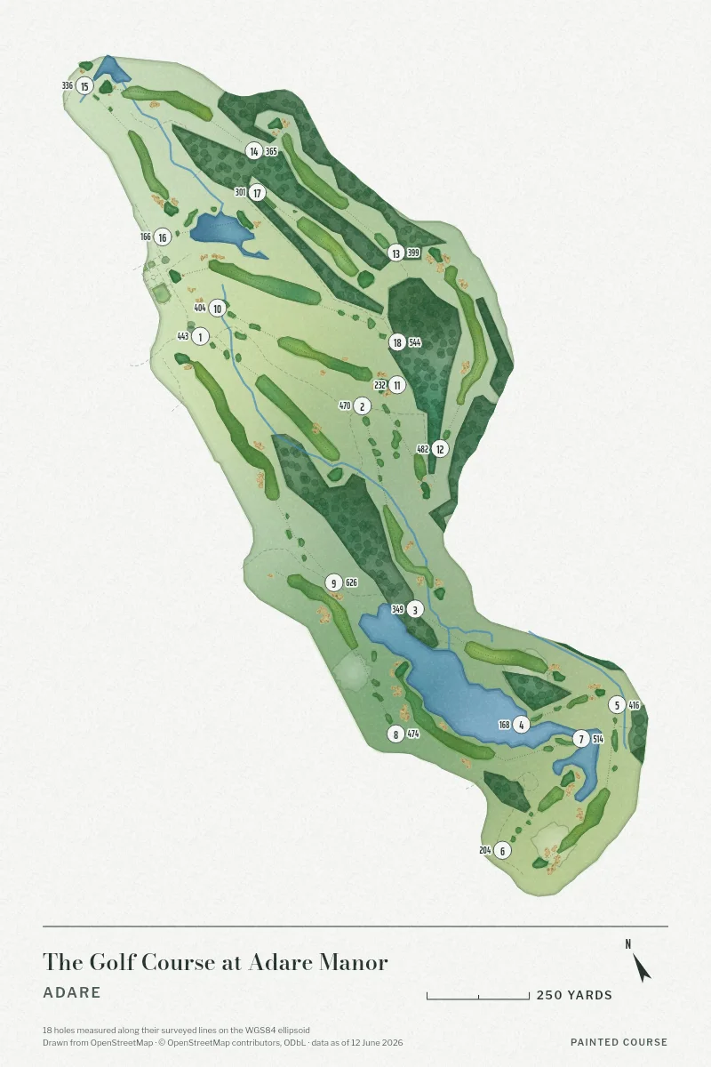 The Golf Course at Adare Manor, Adare, Ireland, drawn in the Watercolour style from its OpenStreetMap survey: 18 holes, each numbered at its tee with its measured yards beside it.