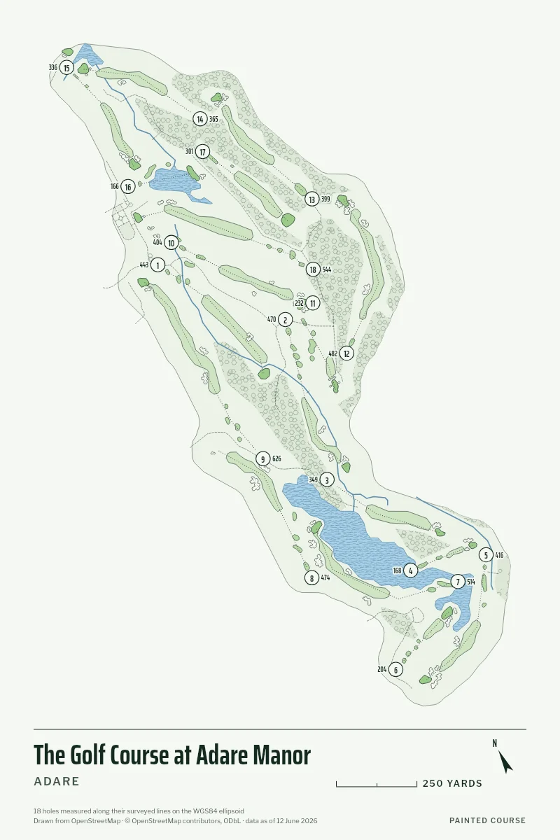 The Golf Course at Adare Manor, Adare, Ireland, drawn in the Yardage style from its OpenStreetMap survey: 18 holes, each numbered at its tee with its measured yards beside it.