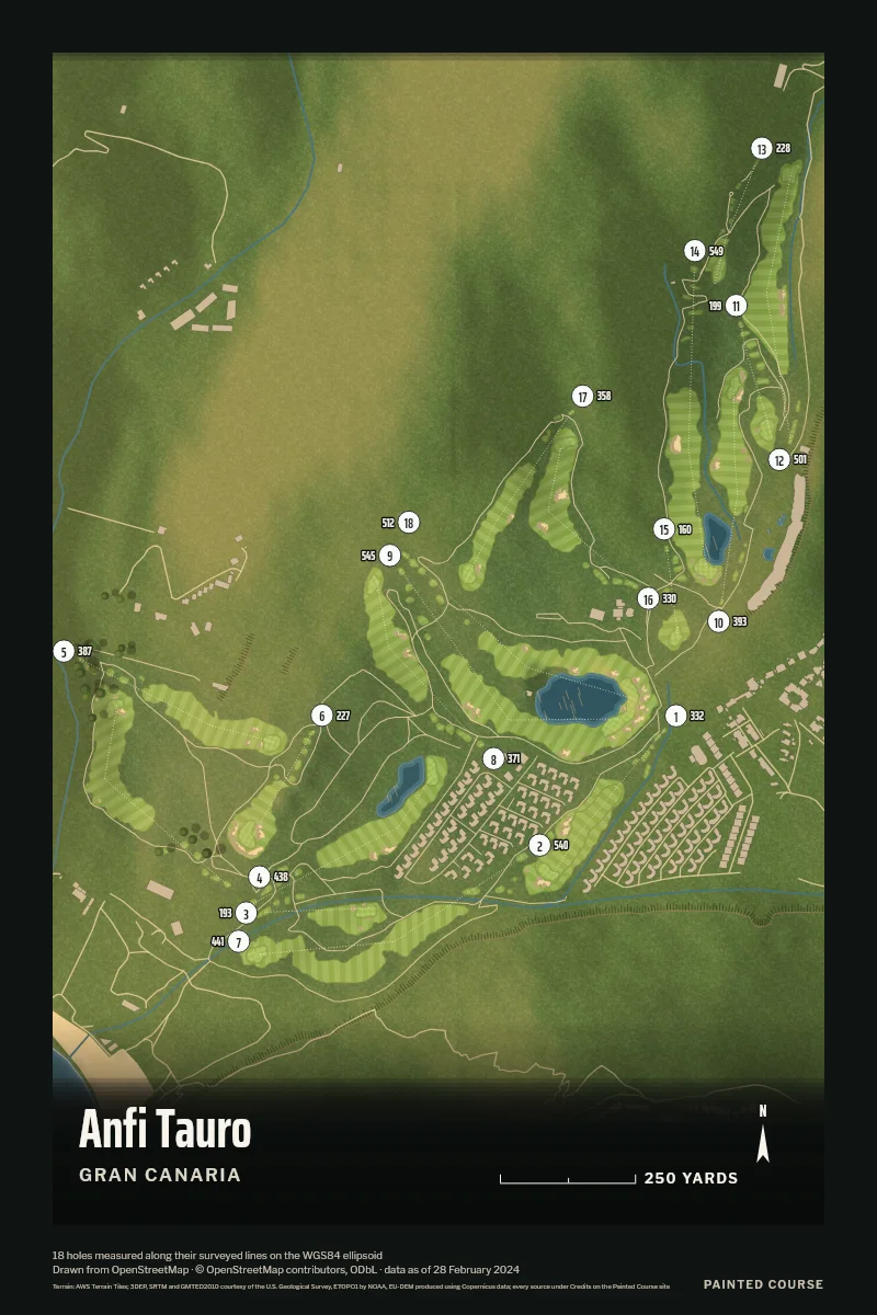 Anfi Tauro, Gran Canaria, Spain, drawn in the Aerial style from its OpenStreetMap survey: 18 holes, each numbered at its tee with its measured yards beside it.