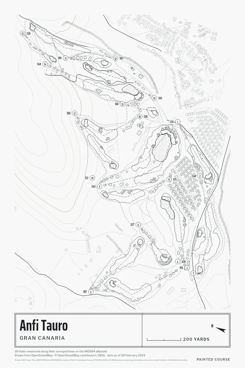 Anfi Tauro, Gran Canaria, Spain, drawn in the Architect style from its OpenStreetMap survey: 18 holes, each numbered at its tee with its measured yards beside it.