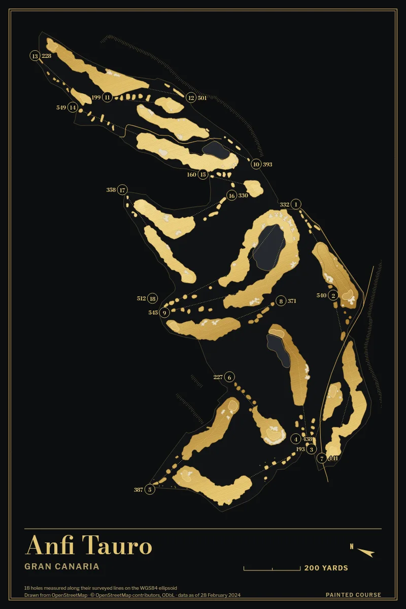 Anfi Tauro, Gran Canaria, Spain, drawn in the Gilt style from its OpenStreetMap survey: 18 holes, each numbered at its tee with its measured yards beside it.