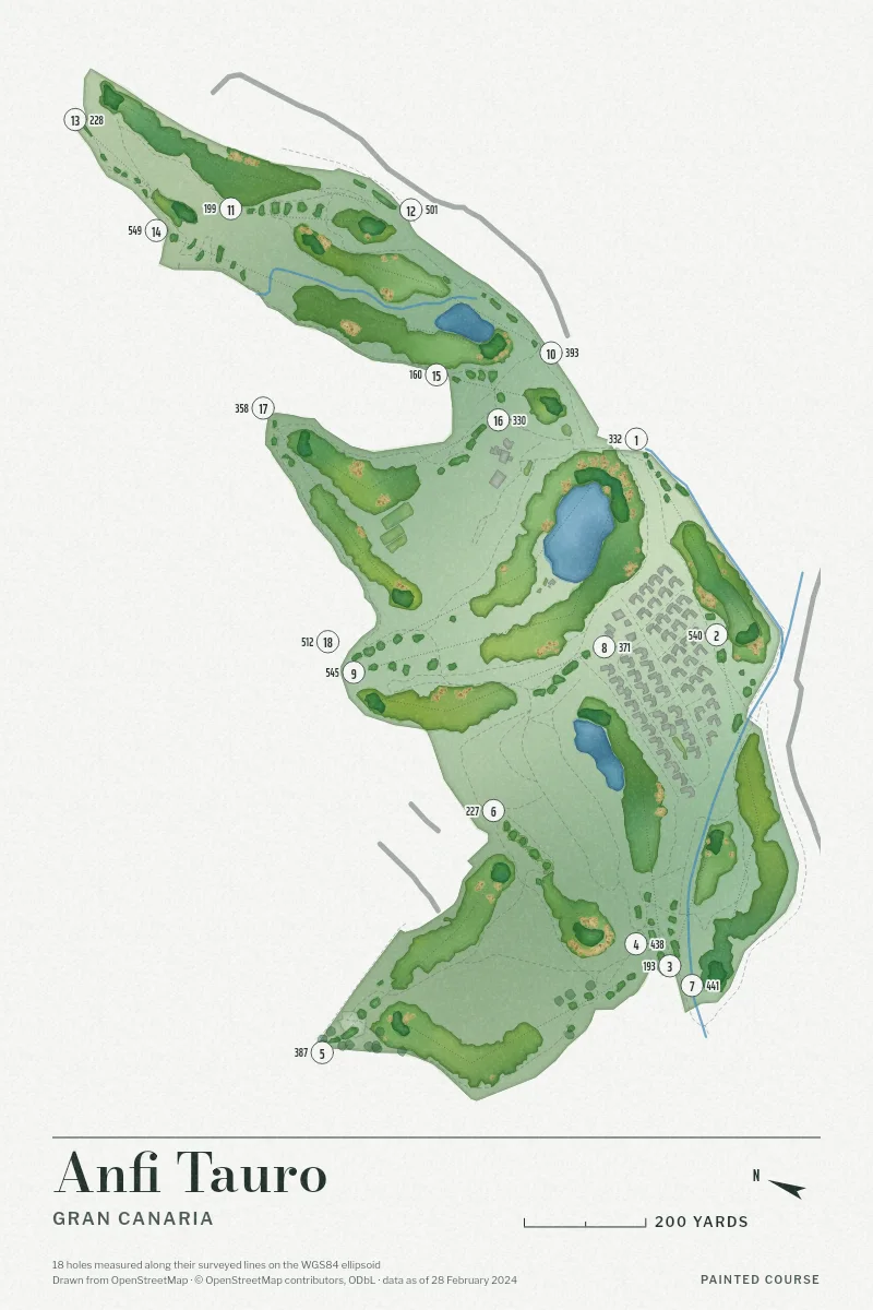 Anfi Tauro, Gran Canaria, Spain, drawn in the Watercolour style from its OpenStreetMap survey: 18 holes, each numbered at its tee with its measured yards beside it.