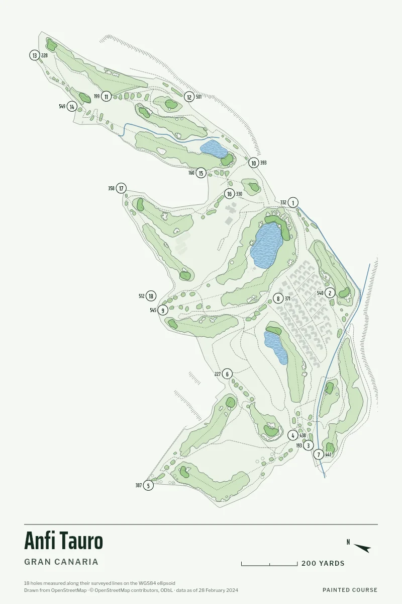Anfi Tauro, Gran Canaria, Spain, drawn in the Yardage style from its OpenStreetMap survey: 18 holes, each numbered at its tee with its measured yards beside it.