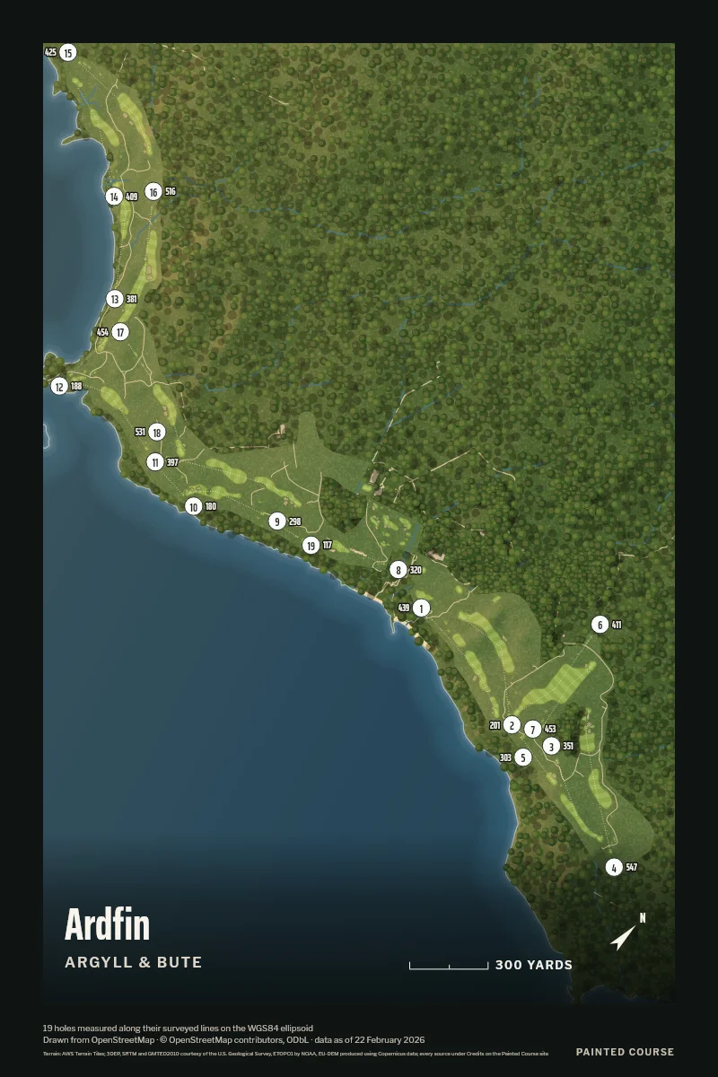 Ardfin, Argyll & Bute, Scotland, drawn in the Aerial style from its OpenStreetMap survey: 19 holes, each numbered at its tee with its measured yards beside it.