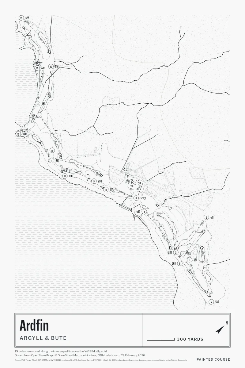 Ardfin, Argyll & Bute, Scotland, drawn in the Architect style from its OpenStreetMap survey: 19 holes, each numbered at its tee with its measured yards beside it.
