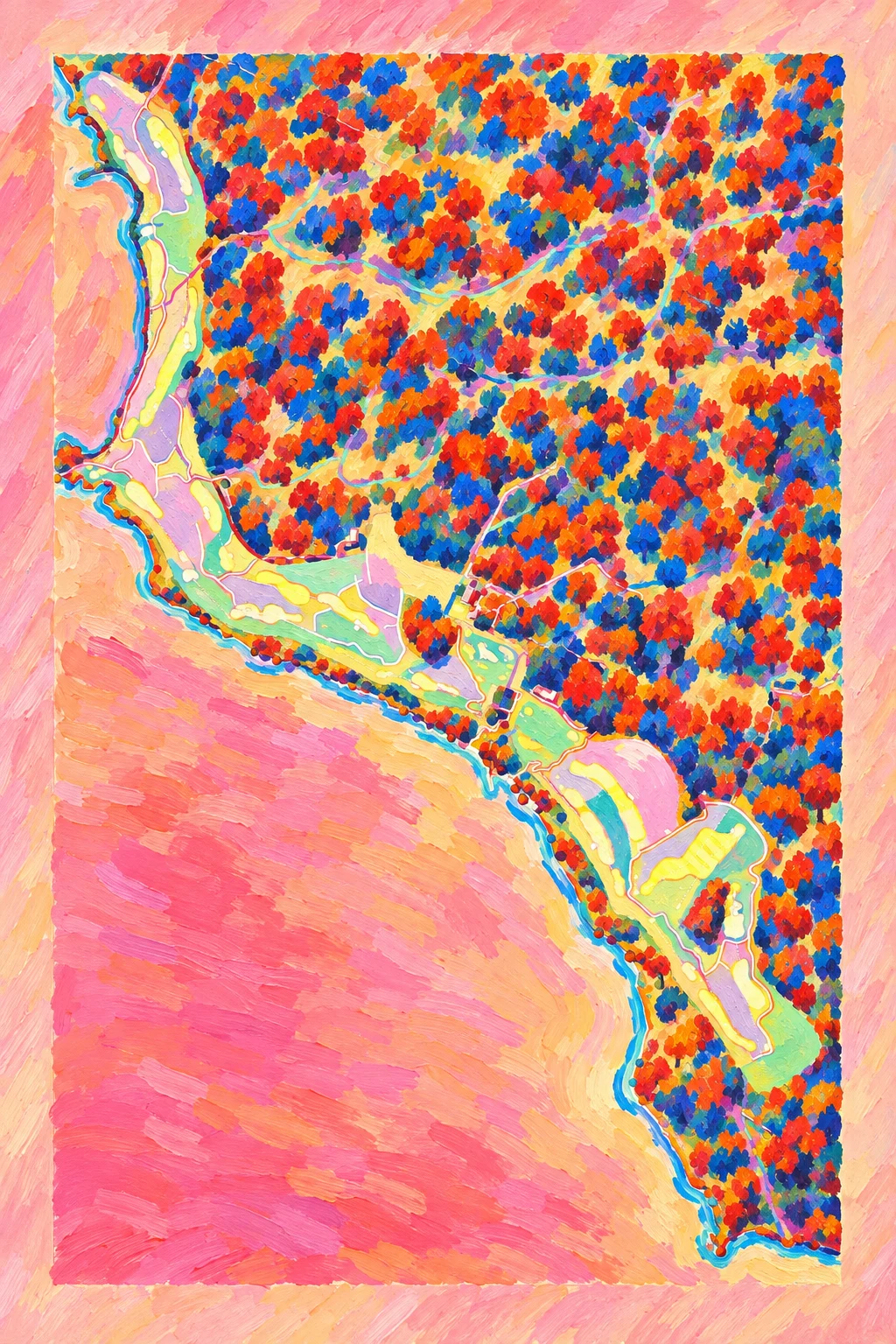 Ardfin, Argyll & Bute, Scotland, seen from above and painted in the Fauve manner after the Fauves of 1905: the routing of its 19 holes, its greens and its bunkers, in paint.