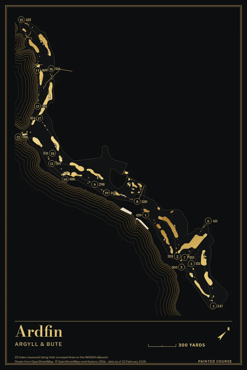 Ardfin, Argyll & Bute, Scotland, drawn in the Gilt style from its OpenStreetMap survey: 19 holes, each numbered at its tee with its measured yards beside it.