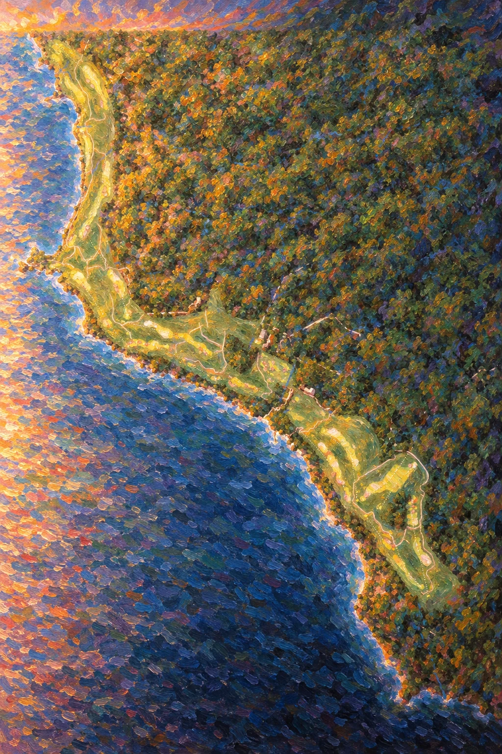 Ardfin, Argyll & Bute, Scotland, seen from above and painted in the Impressionist manner after Claude Monet: the routing of its 19 holes, its greens and its bunkers, in paint.