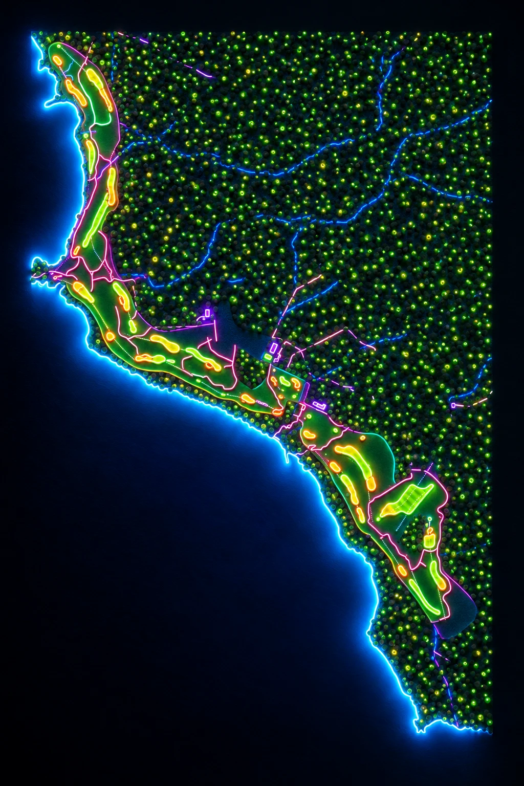 Ardfin, Argyll & Bute, Scotland, seen from above and painted in the Neon manner: the routing of its 19 holes, its greens and its bunkers, in paint.