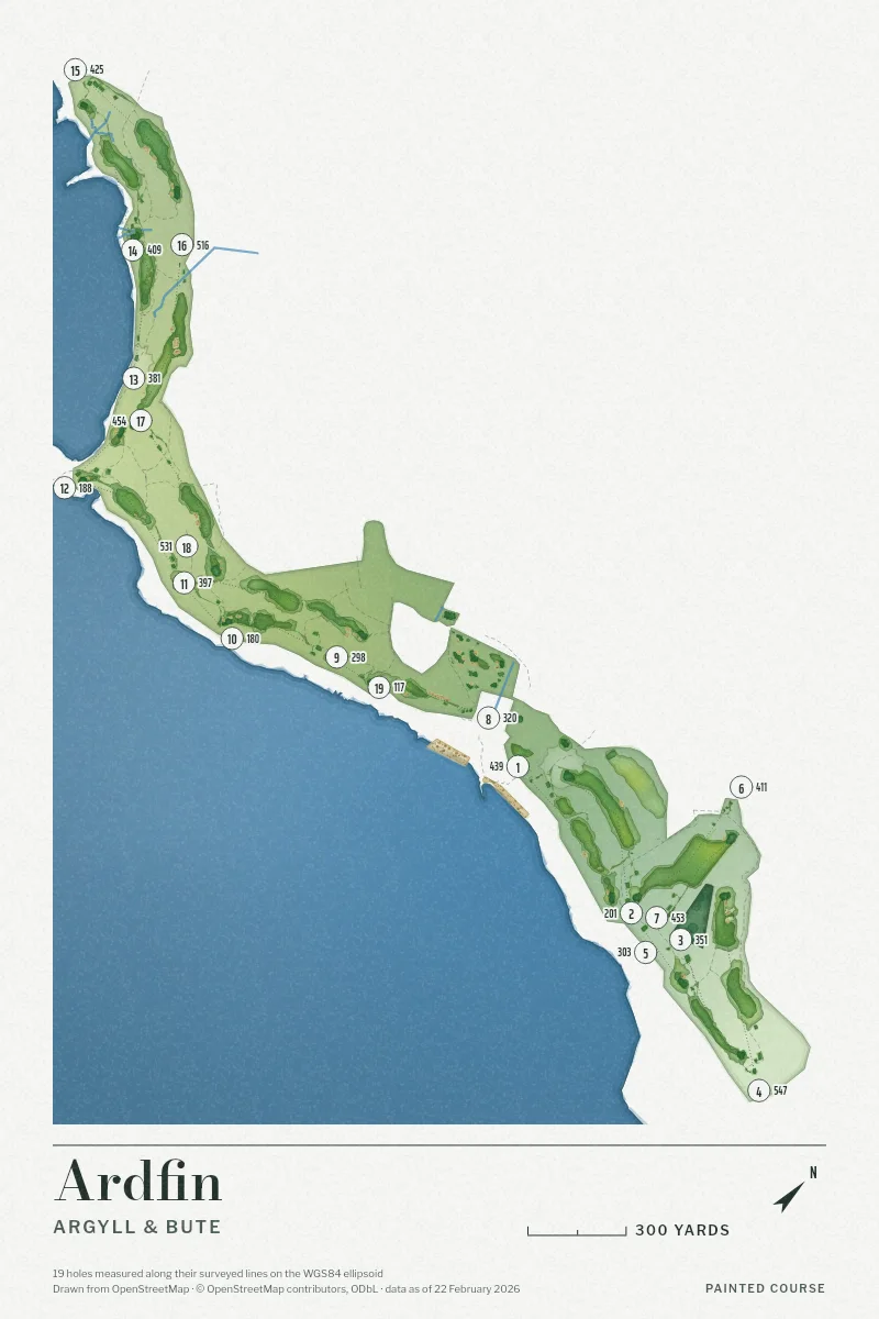 Ardfin, Argyll & Bute, Scotland, drawn in the Watercolour style from its OpenStreetMap survey: 19 holes, each numbered at its tee with its measured yards beside it.