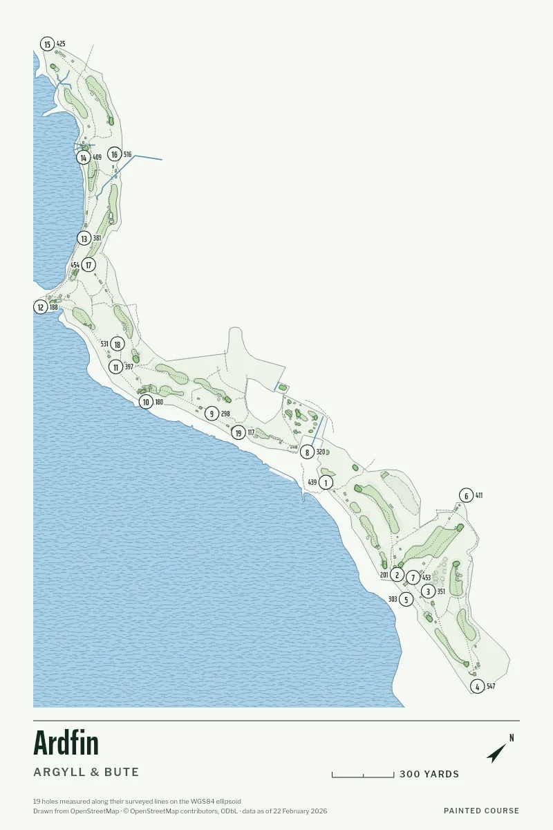 Ardfin, Argyll & Bute, Scotland, drawn in the Yardage style from its OpenStreetMap survey: 19 holes, each numbered at its tee with its measured yards beside it.
