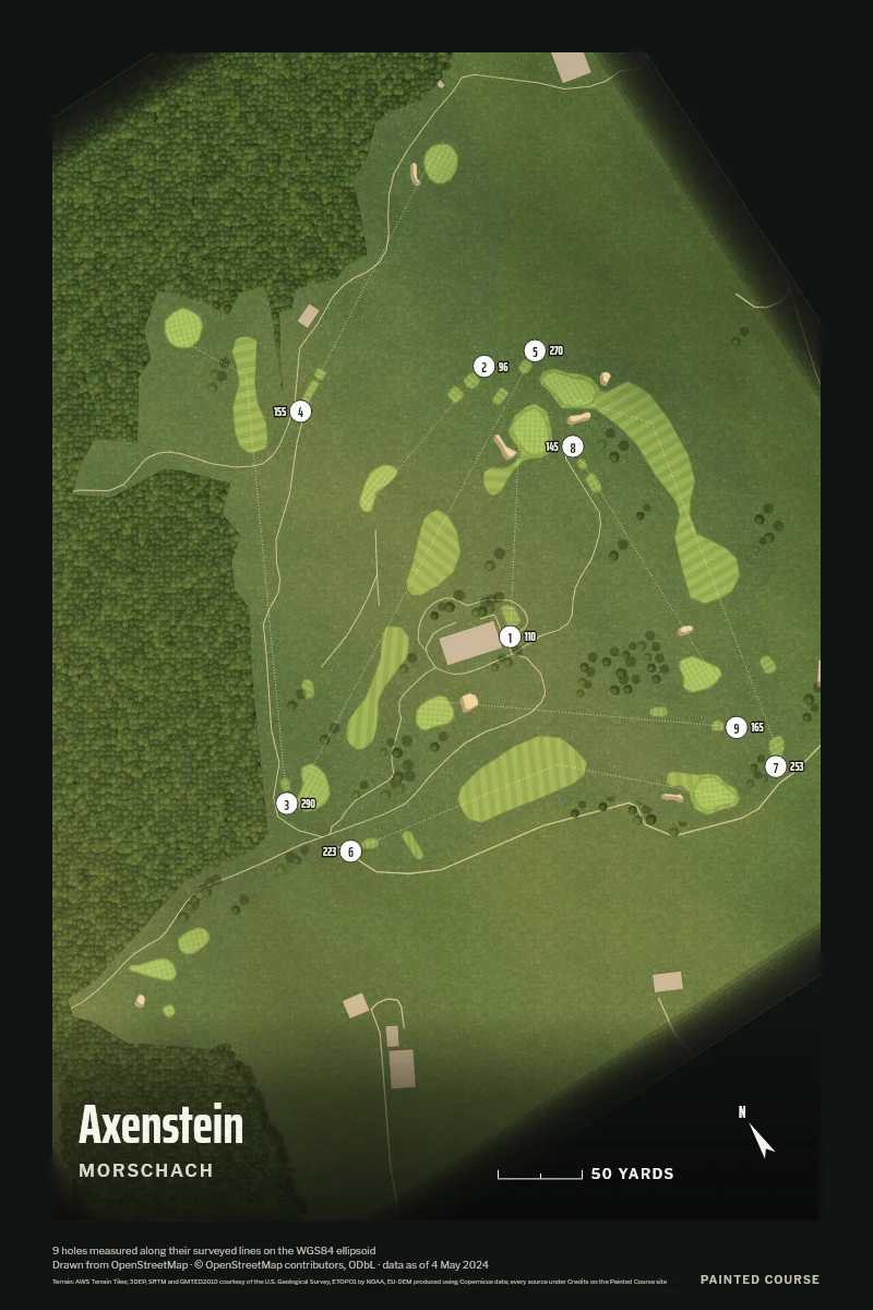 Axenstein, Morschach, Switzerland, drawn in the Aerial style from its OpenStreetMap survey: 9 holes, each numbered at its tee with its measured yards beside it.