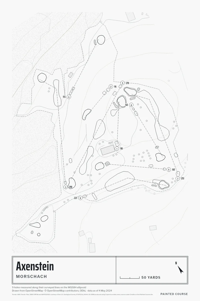 Axenstein, Morschach, Switzerland, drawn in the Architect style from its OpenStreetMap survey: 9 holes, each numbered at its tee with its measured yards beside it.