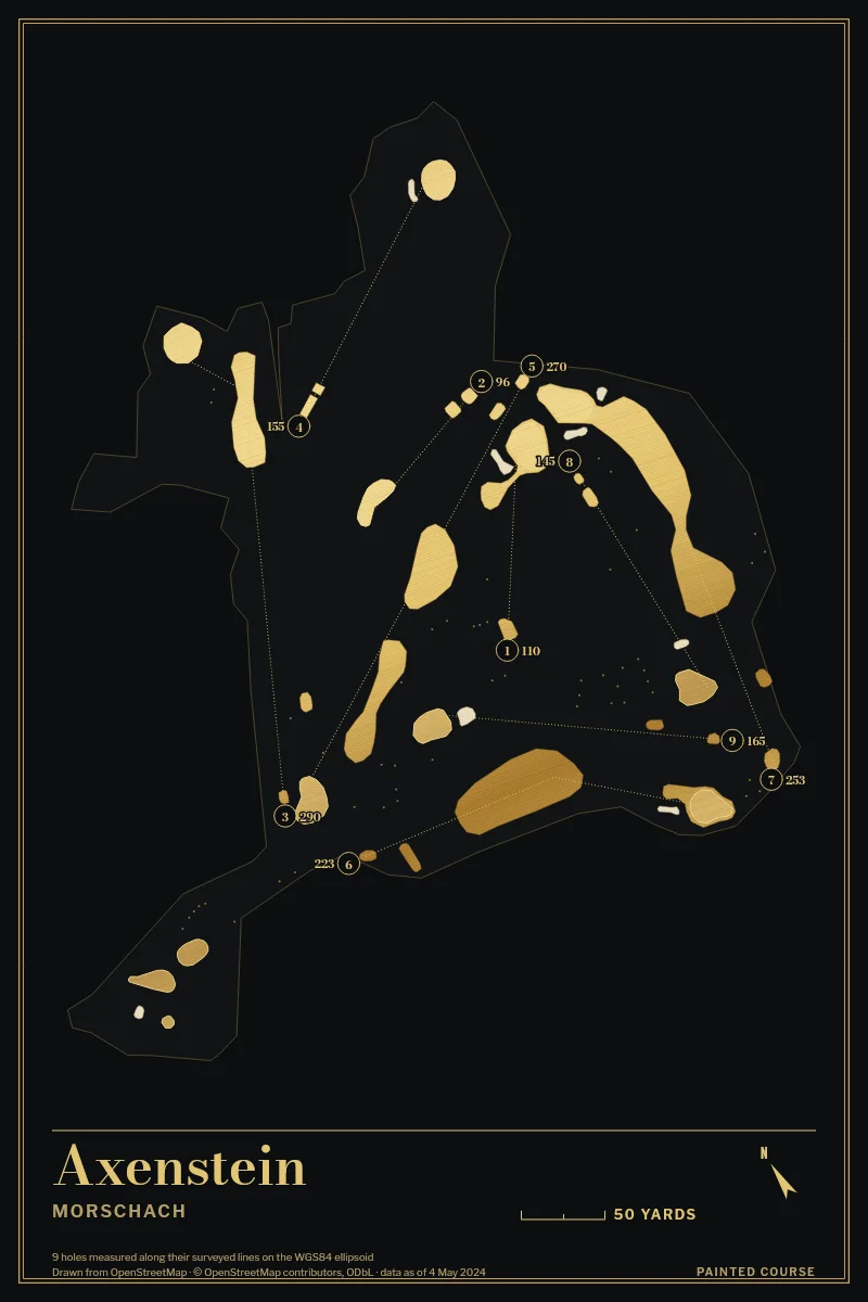 Axenstein, Morschach, Switzerland, drawn in the Gilt style from its OpenStreetMap survey: 9 holes, each numbered at its tee with its measured yards beside it.