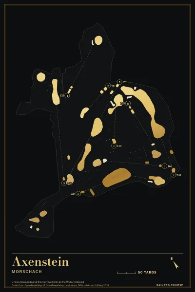 Axenstein, Morschach, Switzerland, drawn in the Gilt style from its OpenStreetMap survey: 9 holes, each numbered at its tee with its measured yards beside it.