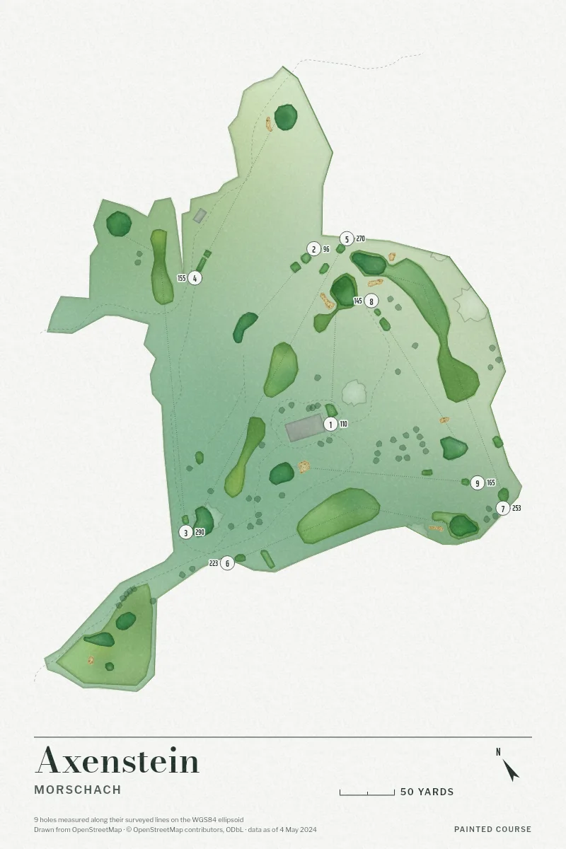 Axenstein, Morschach, Switzerland, drawn in the Watercolour style from its OpenStreetMap survey: 9 holes, each numbered at its tee with its measured yards beside it.
