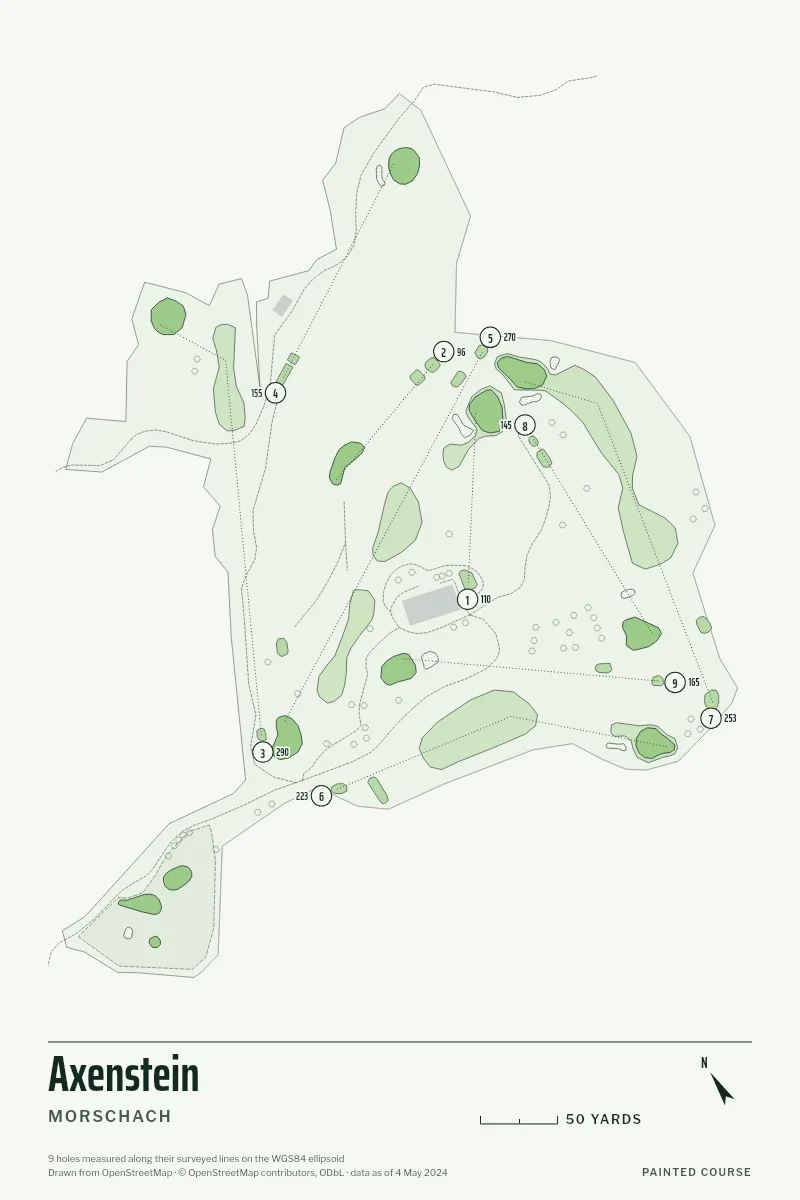 Axenstein, Morschach, Switzerland, drawn in the Yardage style from its OpenStreetMap survey: 9 holes, each numbered at its tee with its measured yards beside it.