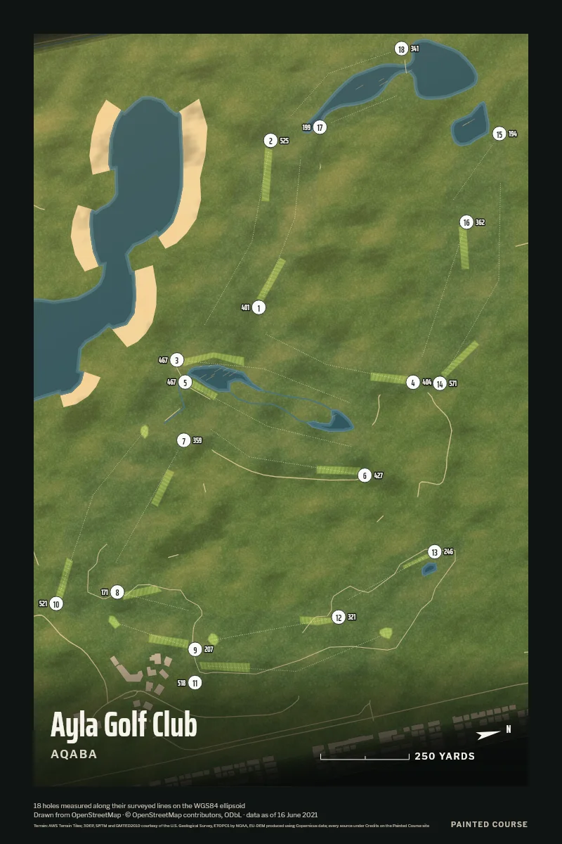 Ayla Golf Club, Aqaba, Jordan, drawn in the Aerial style from its OpenStreetMap survey: 18 holes, each numbered at its tee with its measured yards beside it.
