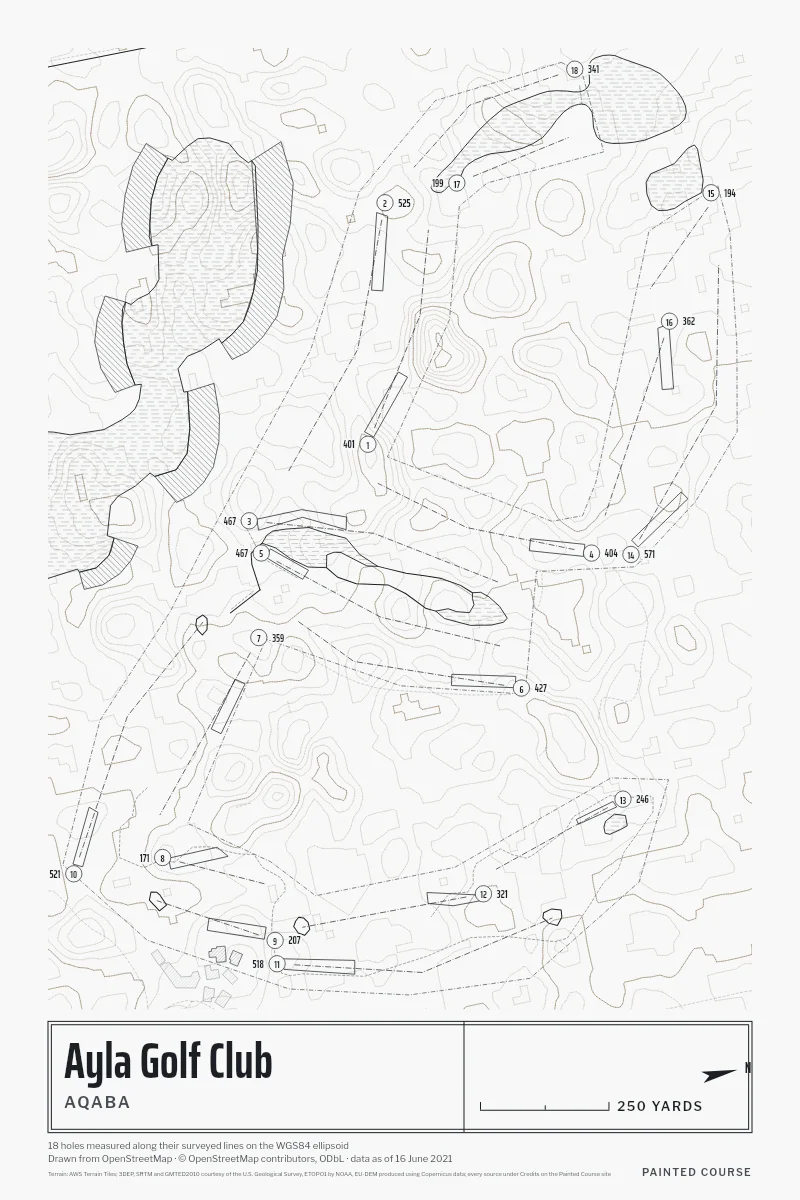Ayla Golf Club, Aqaba, Jordan, drawn in the Architect style from its OpenStreetMap survey: 18 holes, each numbered at its tee with its measured yards beside it.