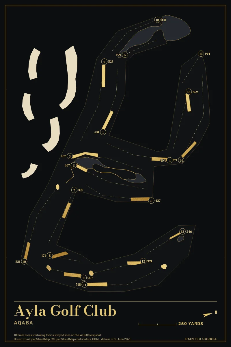 Ayla Golf Club, Aqaba, Jordan, drawn in the Gilt style from its OpenStreetMap survey: 18 holes, each numbered at its tee with its measured yards beside it.