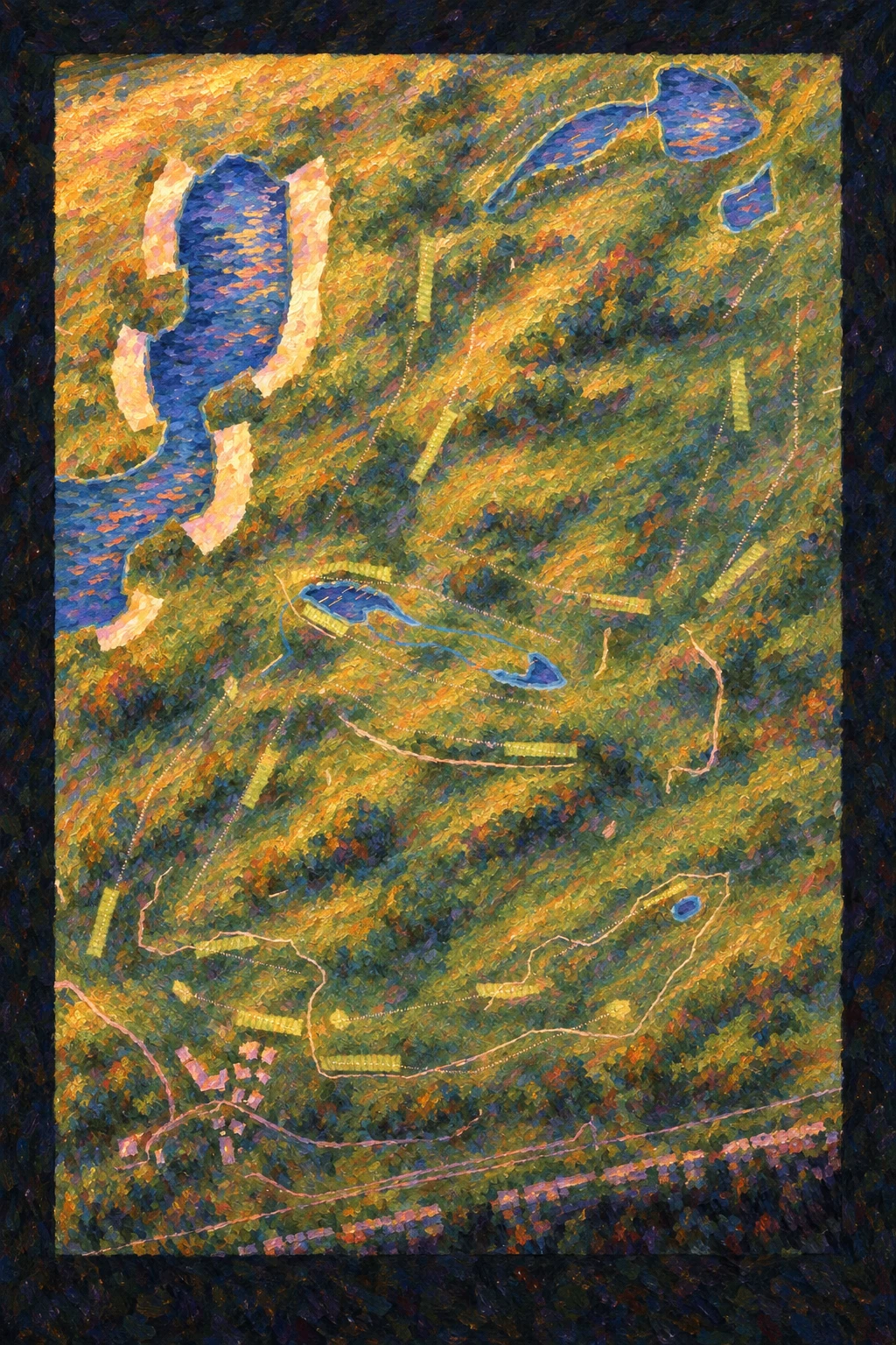 Ayla Golf Club, Aqaba, Jordan, seen from above and painted in the Impressionist manner after Claude Monet: the routing of its 18 holes, its greens and its bunkers, in paint.