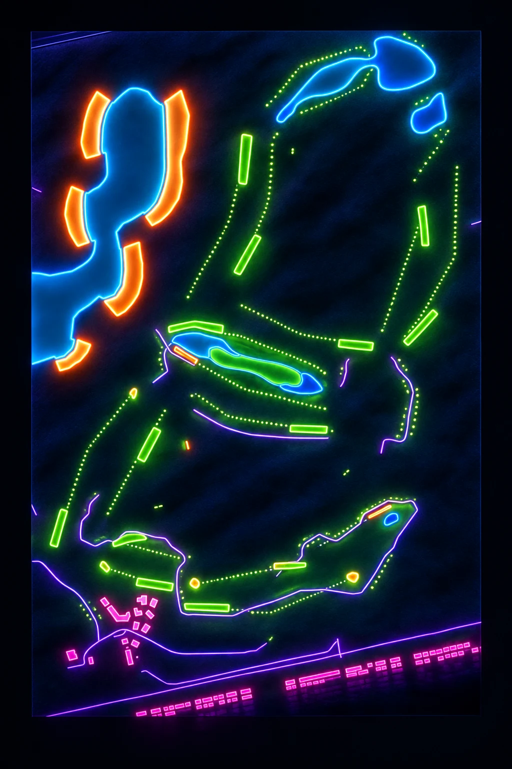 Ayla Golf Club, Aqaba, Jordan, seen from above and painted in the Neon manner: the routing of its 18 holes, its greens and its bunkers, in paint.