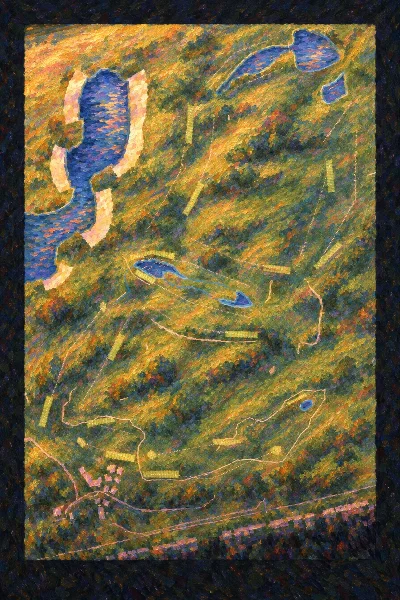 Ayla Golf Club, Aqaba, Jordan, drawn in the Gilt style from its OpenStreetMap survey: 18 holes, each numbered at its tee with its measured yards beside it.