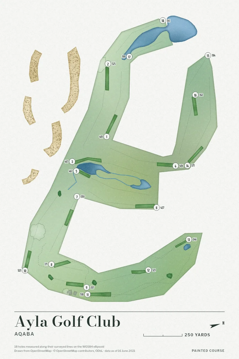 Ayla Golf Club, Aqaba, Jordan, drawn in the Watercolour style from its OpenStreetMap survey: 18 holes, each numbered at its tee with its measured yards beside it.