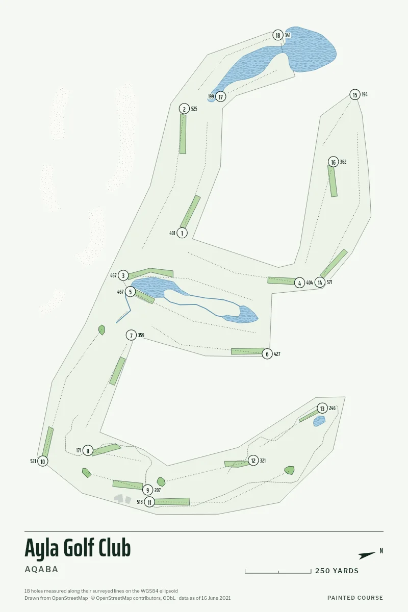 Ayla Golf Club, Aqaba, Jordan, drawn in the Yardage style from its OpenStreetMap survey: 18 holes, each numbered at its tee with its measured yards beside it.