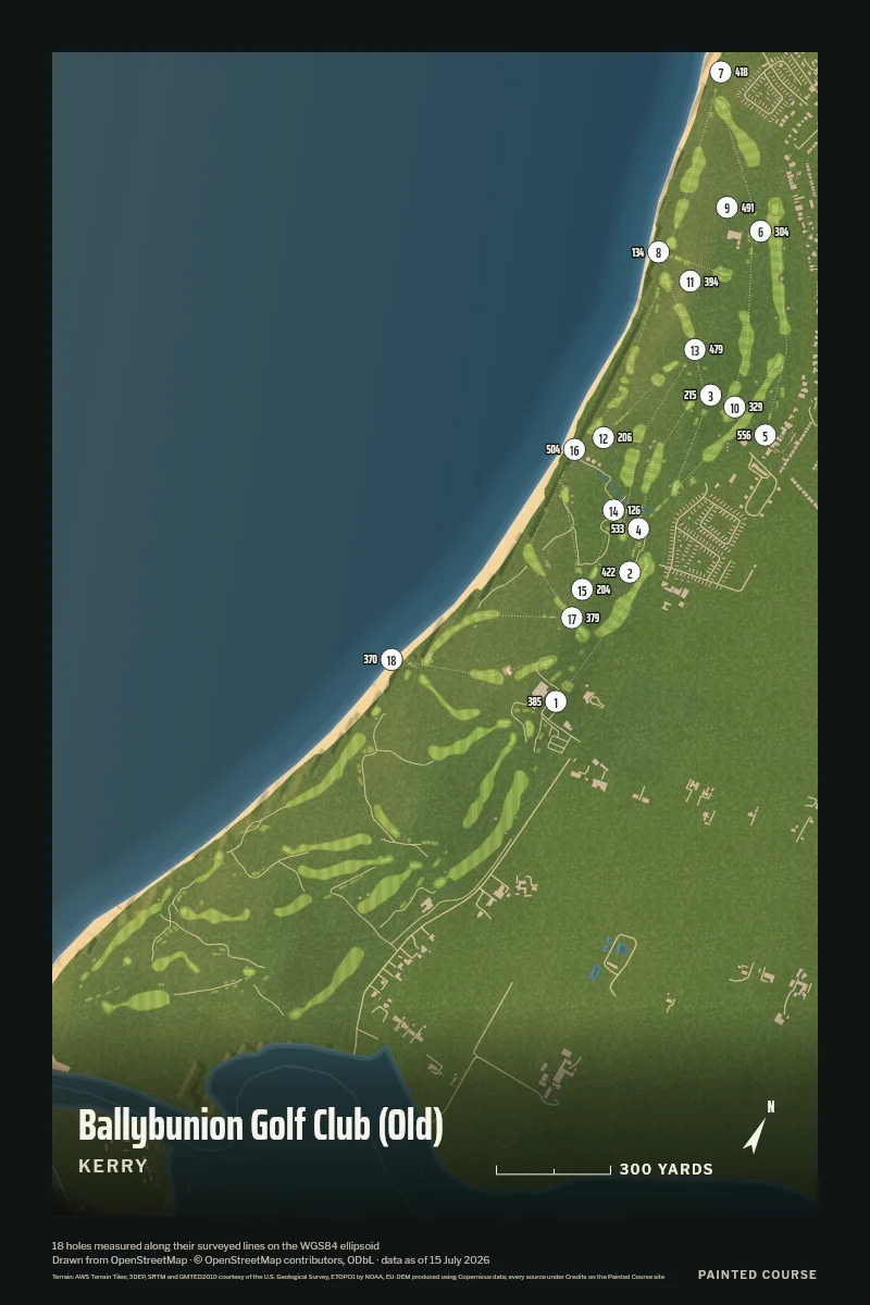 Ballybunion Golf Club (Old), Kerry, Ireland, drawn in the Aerial style from its OpenStreetMap survey: 18 holes, each numbered at its tee with its measured yards beside it.