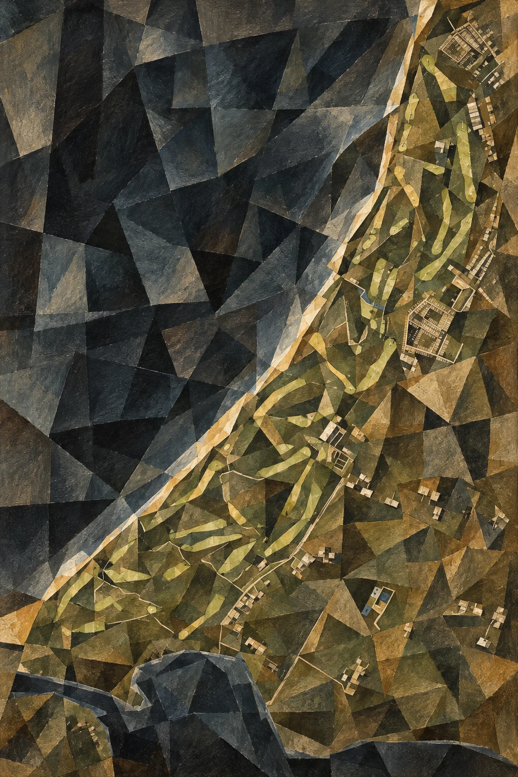 Ballybunion Golf Club (Old), Kerry, Ireland, seen from above and painted in the Cubist manner after Picasso and Braque: the routing of its 18 holes, its greens and its bunkers, in paint.