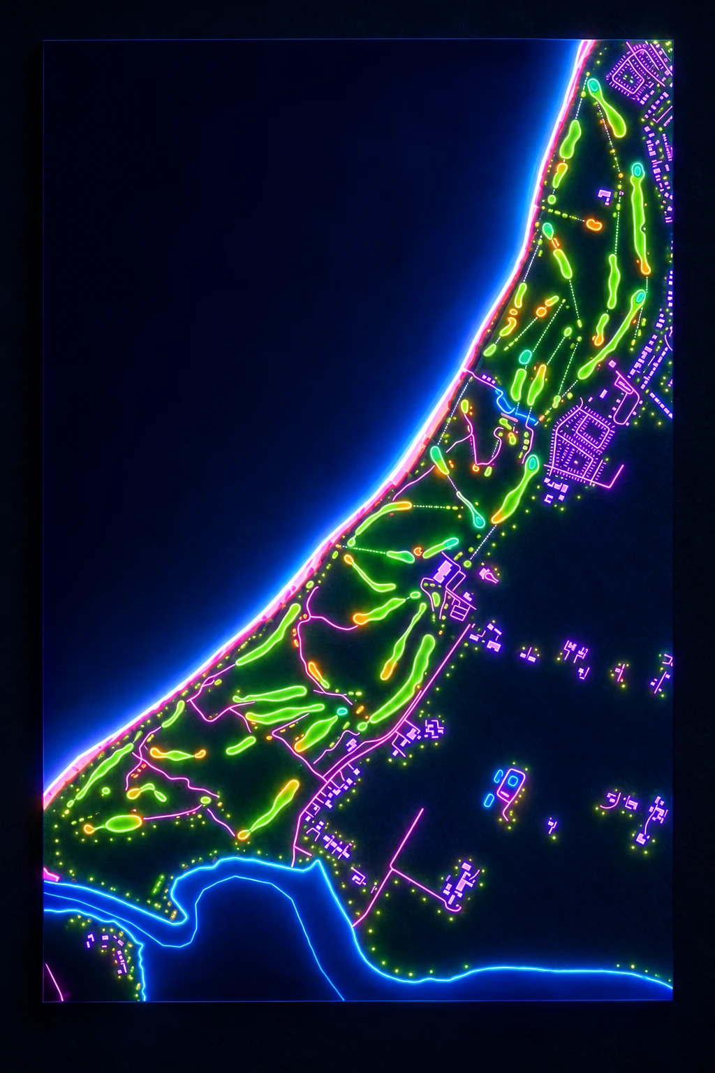 Ballybunion Golf Club (Old), Kerry, Ireland, seen from above and painted in the Neon manner: the routing of its 18 holes, its greens and its bunkers, in paint.
