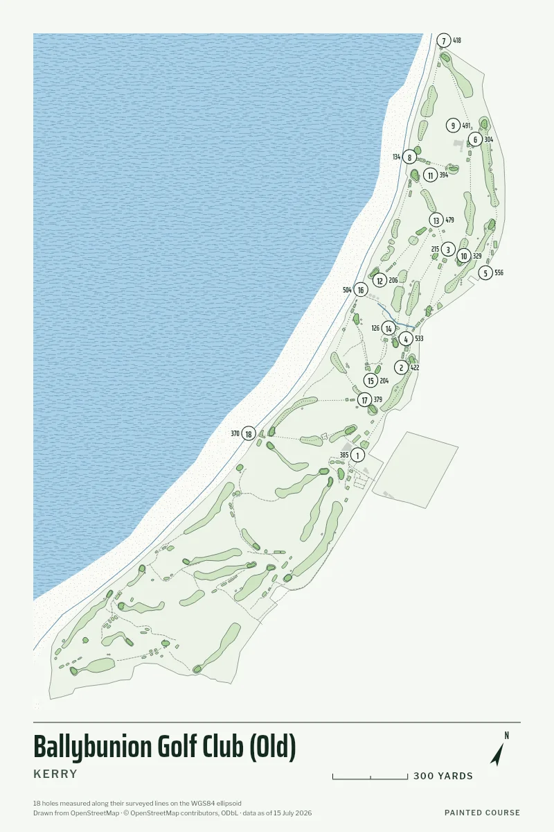 Ballybunion Golf Club (Old), Kerry, Ireland, drawn in the Yardage style from its OpenStreetMap survey: 18 holes, each numbered at its tee with its measured yards beside it.