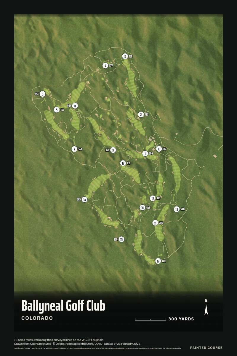 Ballyneal Golf Club, Colorado, USA, drawn in the Aerial style from its OpenStreetMap survey: 18 holes, each numbered at its tee with its measured yards beside it.