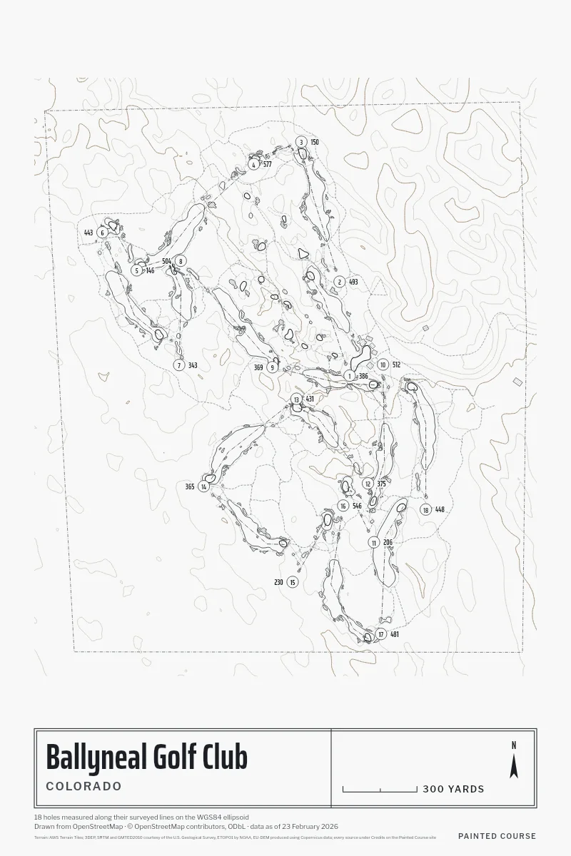 Ballyneal Golf Club, Colorado, USA, drawn in the Architect style from its OpenStreetMap survey: 18 holes, each numbered at its tee with its measured yards beside it.