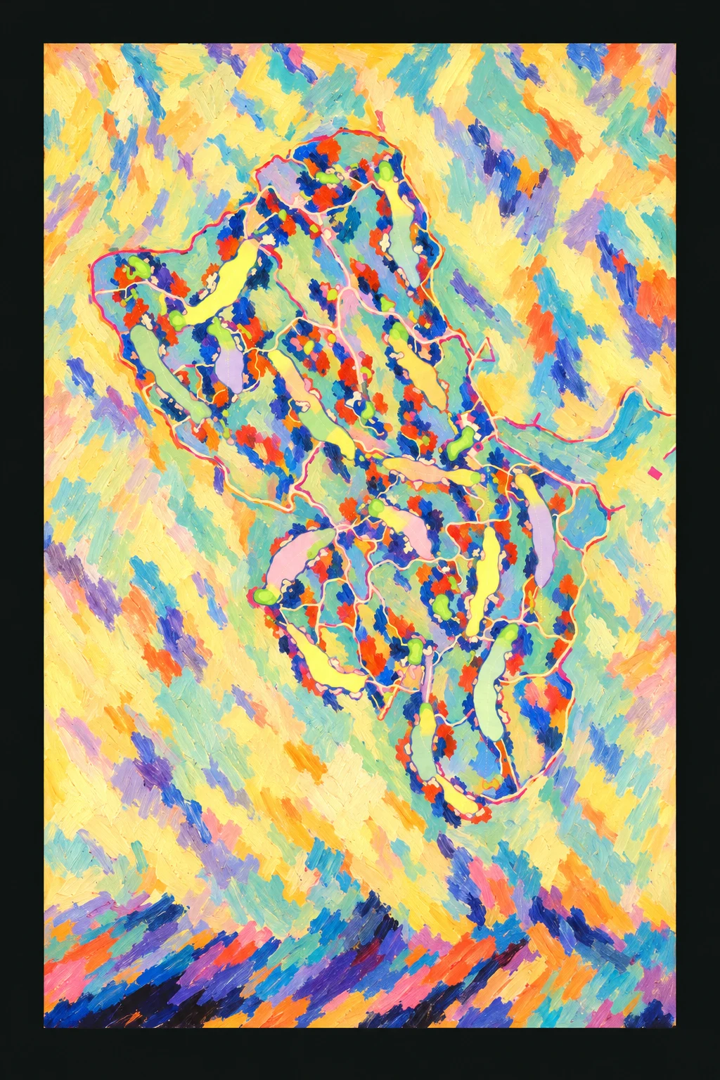 Ballyneal Golf Club, Colorado, USA, seen from above and painted in the Fauve manner after the Fauves of 1905: the routing of its 18 holes, its greens and its bunkers, in paint.