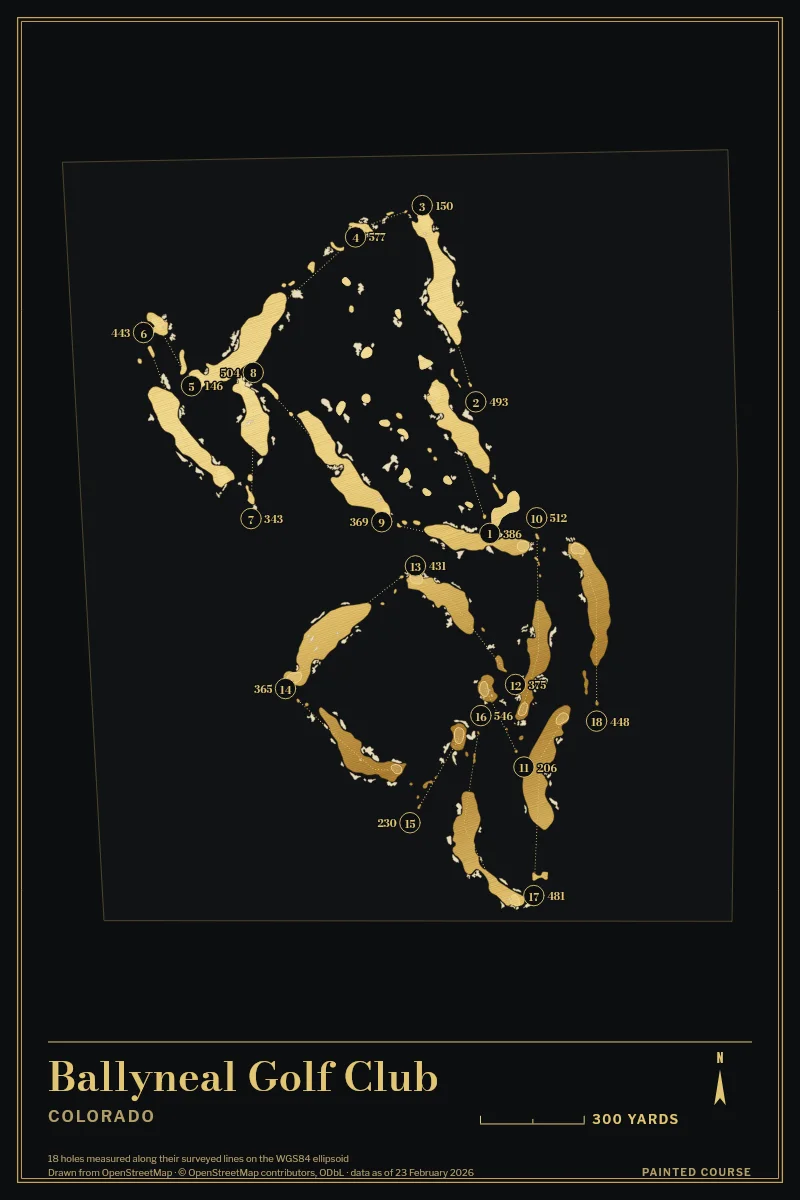 Ballyneal Golf Club, Colorado, USA, drawn in the Gilt style from its OpenStreetMap survey: 18 holes, each numbered at its tee with its measured yards beside it.