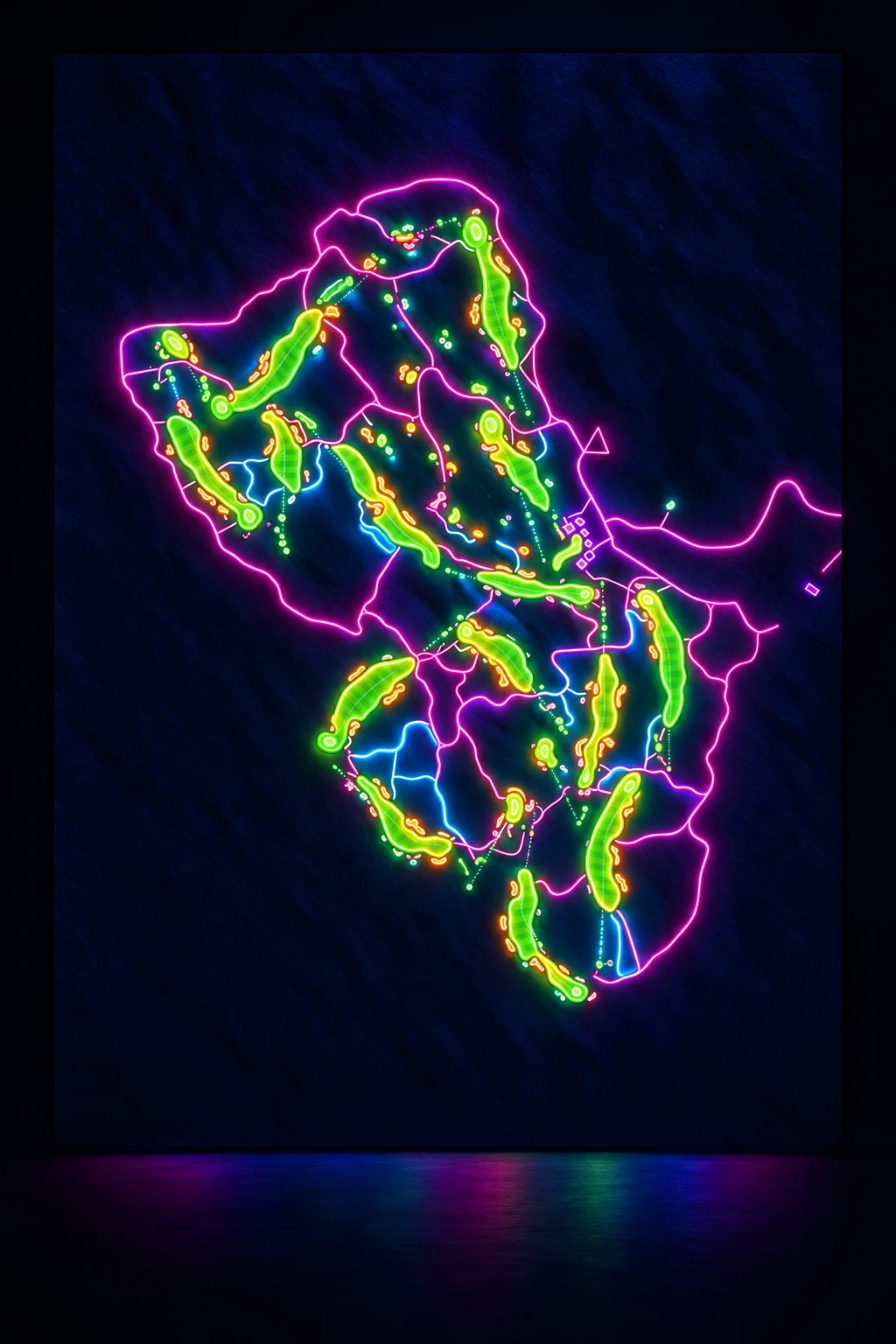Ballyneal Golf Club, Colorado, USA, seen from above and painted in the Neon manner: the routing of its 18 holes, its greens and its bunkers, in paint.