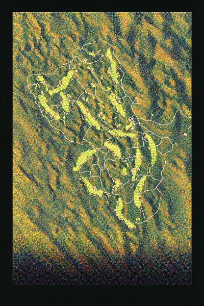 Ballyneal Golf Club, Colorado, USA, drawn in the Gilt style from its OpenStreetMap survey: 18 holes, each numbered at its tee with its measured yards beside it.
