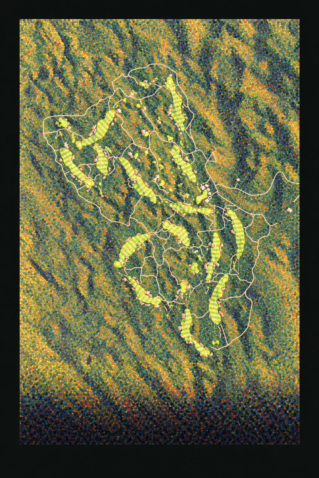 Ballyneal Golf Club, Colorado, USA, seen from above and painted in the Pointillist manner after Georges Seurat: the routing of its 18 holes, its greens and its bunkers, in paint.