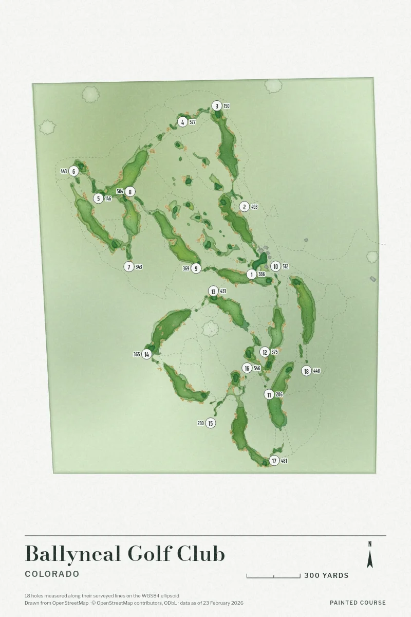 Ballyneal Golf Club, Colorado, USA, drawn in the Watercolour style from its OpenStreetMap survey: 18 holes, each numbered at its tee with its measured yards beside it.