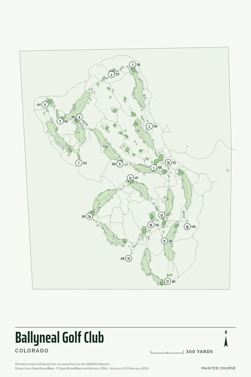 Ballyneal Golf Club, Colorado, USA, drawn in the Yardage style from its OpenStreetMap survey: 18 holes, each numbered at its tee with its measured yards beside it.