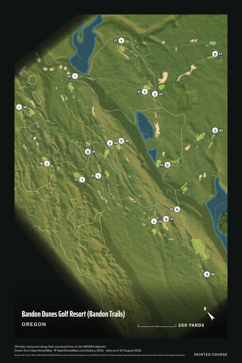 Bandon Dunes Golf Resort (Bandon Trails), Oregon, USA, drawn in the Aerial style from its OpenStreetMap survey: 18 holes, each numbered at its tee with its measured yards beside it.