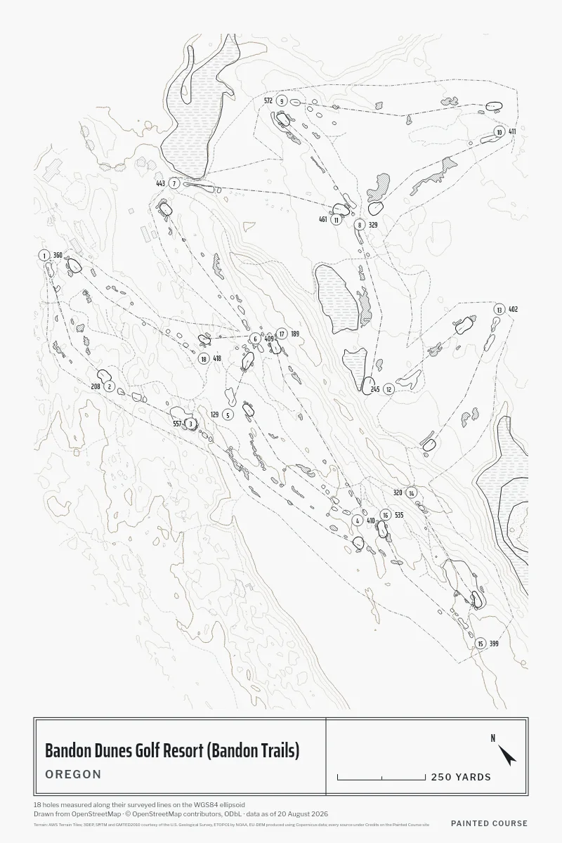 Bandon Dunes Golf Resort (Bandon Trails), Oregon, USA, drawn in the Architect style from its OpenStreetMap survey: 18 holes, each numbered at its tee with its measured yards beside it.